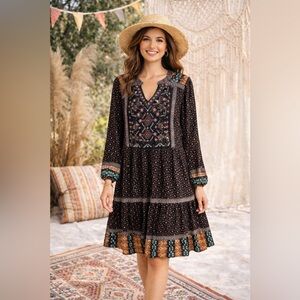 Style & Co Boho Print Dress Black Size L Embroidered Peasant Mini Festival Chic